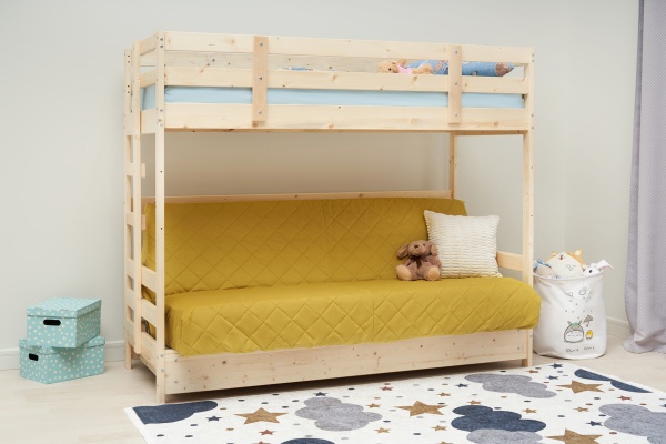Двухъярусная кровать массив с диван-кроватью желтый / натуральный